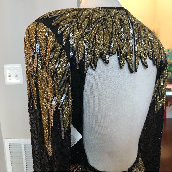 VTG Oleg Cassini BlackTie Sequin Embellished Heavily Beaded 100% Silk Open Back - Picture 8 of 11